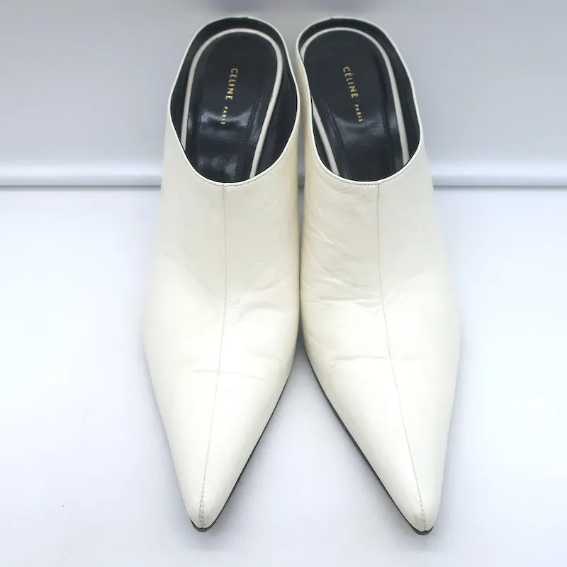 Celine Pointed Toe Mules White Leather Size 38.5
