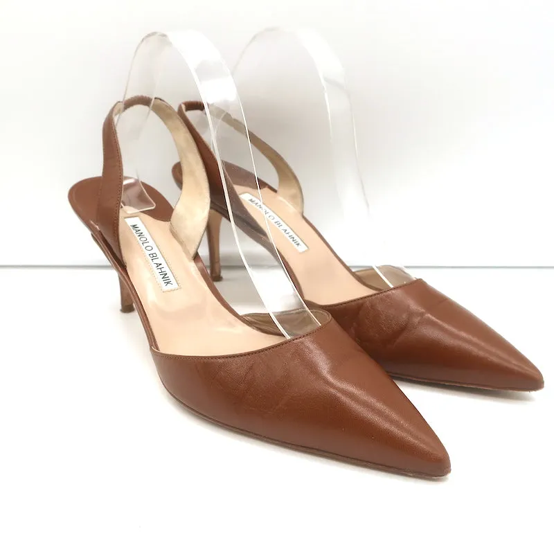 Manolo Blahnik Carolyne 90 Slingback Pumps Brown Leather Size 42