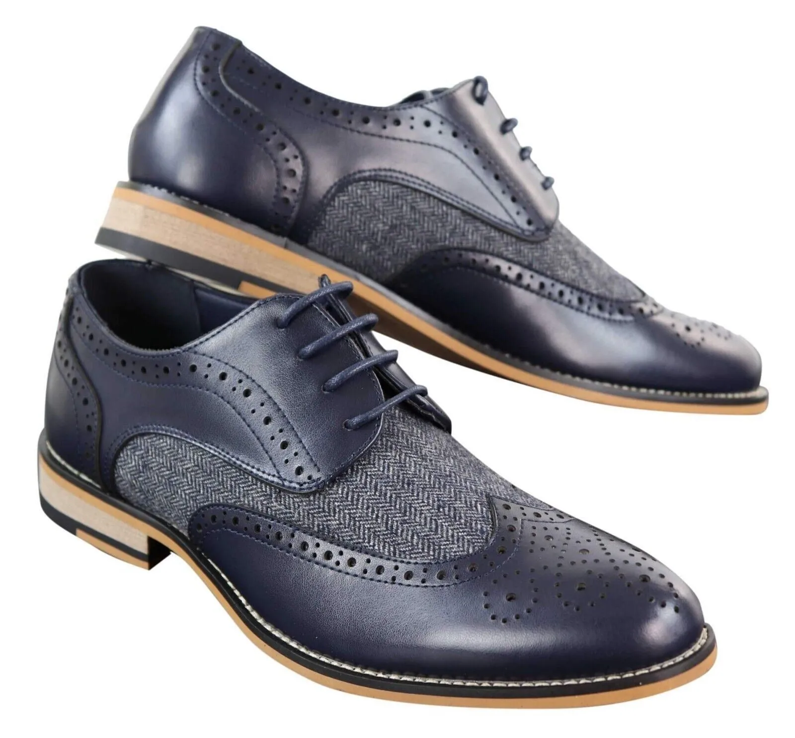 Mens Classic Oxford Tweed Brogue Shoes in Navy Leather