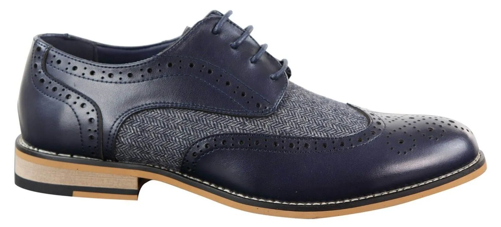 Mens Classic Oxford Tweed Brogue Shoes in Navy Leather